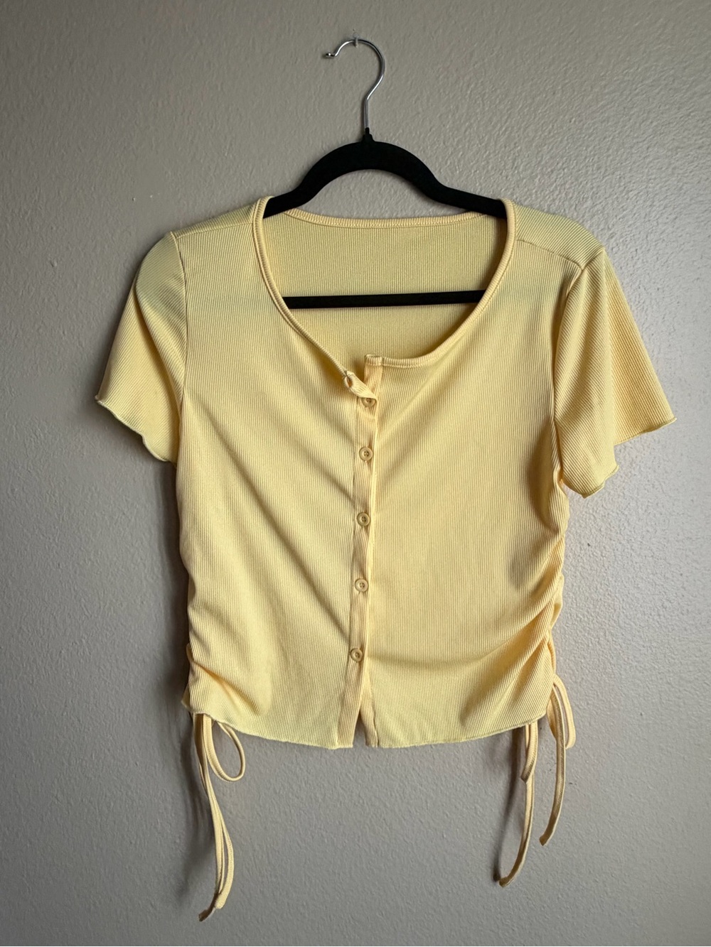 Yellow Ruched Button-Front Crop Top